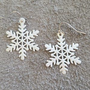 Dangle Silver Tone White Snowflake Hook Style Earrings - Holidays Festive Cute